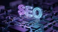Glowing neon SEO letters floating above computer circuit board with purple and blue lighting effects for digital marketing and search engine optimization.