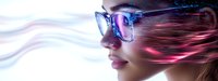Young woman with futuristic glasses and flowing hair in neon pink and blue light effects on white background for technology and innovation concepts.
