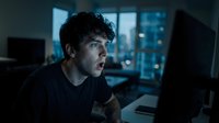 Young male programmer with dark curly hair and light skin tone, wearing dark clothing, focused intently on computer monitor in modern office at night. Suitable for tech, cybersecurity, software development, and corporate projects.