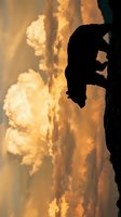 Rock climber silhouette against dramatic golden sunset sky with clouds. Adventure sports and outdoor recreation concept for motivation and achievement themes.