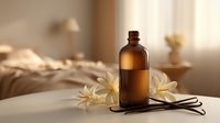 Amber glass bottle with vanilla pods and plumeria flowers on bedside table in cozy bedroom, creating serene spa atmosphere for aromatherapy and wellness.