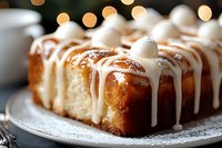 Fresh baked cinnamon rolls with sweet cream cheese glaze dripping down sides on white plate, warm golden pastry with bokeh lights in background.