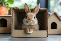 Adorable brown rabbit with long ears peeking out from cardboard box, looking directly at camera with curious expression against blurred background.