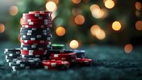 Stack of red and black poker chips on dark surface with blurred golden bokeh lights creating atmospheric casino gaming ambiance.