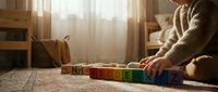 Child playing with colorful wooden blocks on carpet in warm sunlit room creating educational learning environment for early development activities.