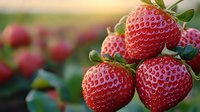 Fresh ripe strawberries growing on plant in garden, macro shot showing detailed texture of juicy red berries with green leaves in soft natural light.