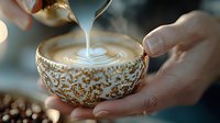 Elegant hands holding ornate golden teacup while pouring creamy milk creating beautiful swirl pattern in luxury porcelain cup with intricate gold detailing.