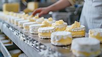 Professional pastry chef preparing elegant white and yellow mousse desserts in commercial kitchen, perfect for food service and culinary business promotion.