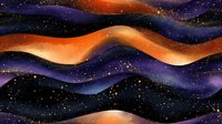 Abstract cosmic waves in purple, orange, and black with gold sparkles create a mystical galaxy background for digital design projects.