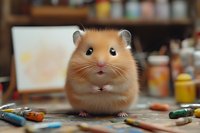 Adorable golden hamster sitting among scattered colored pencils and art supplies on wooden table, looking directly at camera with curious expression and round fluffy body.
