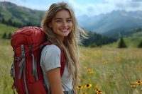 Young Caucasian woman with long blonde hair smiling while hiking in mountain meadow with red backpack, surrounded by yellow wildflowers and green alpine landscape.