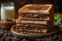 Stack of grilled sandwiches with melted chocolate spread on wooden plate with coffee beans and milk glass for breakfast or dessert menu.