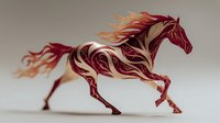 Stylized red and gold horse in motion with flowing mane and tail, featuring decorative swirling patterns throughout body on neutral background.