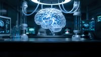Futuristic holographic brain with neural networks floating in high-tech laboratory with digital displays and advanced medical equipment for AI research.