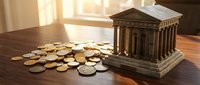 Financial planning concept with miniature bank building and scattered coins on wooden surface representing savings, investment and monetary growth strategies.
