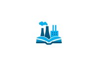Industrial education concept with open book and factory smokestacks for learning materials, textbooks, and corporate training programs.