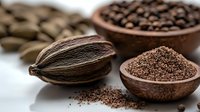 Aromatic cardamom pods and ground spice in wooden bowls with roasted coffee beans, macro food photography on white background for culinary design.