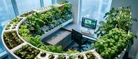 Modern circular hydroponic garden system with fresh vegetables and herbs growing in office workspace with computer setup for sustainable urban farming.