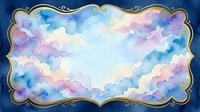 Watercolor clouds frame with golden ornate border in pastel blue pink purple hues for wedding invitations greeting cards and romantic design projects.