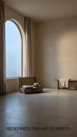 Minimalist interior with arched window, beige walls, concrete floor, vintage suitcase, wooden bench, and neutral curtains creating serene, empty space for design projects.