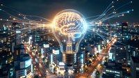 Light bulb with glowing brain inside connected by digital network lines over futuristic city skyline at night representing artificial intelligence innovation.