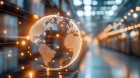 Glowing digital Earth globe with connected network lines floating in modern office corridor with bokeh lights, representing global business connectivity.