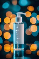 Clear pump bottle with sanitizer gel on dark background with orange and turquoise bokeh lights creating magical atmosphere for cosmetic and hygiene products.
