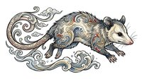 Ornate opossum with decorative swirling patterns and flourishes, isolated on white background for design projects, apparel printing, and clipart applications.