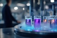 Glowing purple cocktails with dry ice smoke effect on illuminated bar counter create mysterious atmosphere in nightclub setting with blurred background.