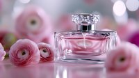 Elegant crystal perfume bottle with pink fragrance surrounded by soft pink ranunculus flowers on dreamy bokeh background for luxury cosmetics and beauty products.