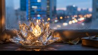 Crystal lotus flower candle holder glowing on windowsill with blurred city lights background creating warm ambient atmosphere for meditation and relaxation.