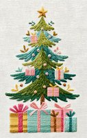 Embroidered Christmas tree with colorful presents on linen fabric. Festive needlework featuring green pine with ornaments, gold star topper, and gift boxes below.