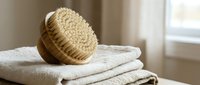 Natural wooden dry brush with sisal bristles resting on folded white towels in bright bathroom setting for skincare and wellness routines.