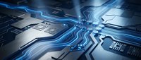 Futuristic circuit board with glowing blue pathways and electronic components for technology and innovation concepts in digital design projects.