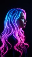 Futuristic woman profile with vibrant neon blue and pink gradient hair against dark background for digital art and fashion design projects.