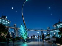 Modern futuristic public plaza at night with illuminated leaf sculpture, glowing architectural elements, and city skyline for urban design and contemporary architecture projects.