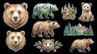 Grizzly bear head isolated on transparent background, perfect for t-shirt designs, stickers, clipart, sublimation and print-on-demand products. Multiple bear illustrations included.