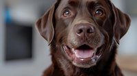 Chocolate Labrador Retriever close up portrait showing happy expression with open mouth and bright eyes against blurred background, pet photography.