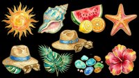 Colorful summer beach collection with sun, seashells, starfish, watermelon, citrus slices, straw hats, tropical leaves, gemstones and hibiscus flower isolated on transparent background for t-shirt designs, clipart and print-on-demand products.