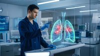 Male doctor examining holographic lung anatomy display in modern medical facility for respiratory health diagnosis and treatment planning.