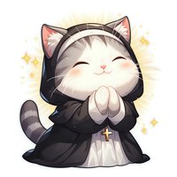 Adorable cartoon cat character dressed as nun with happy expression and sparkling effects, wearing black habit and white coif, striped tail and pink nose, kawaii style.