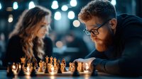 Focused bearded man with glasses contemplating chess move during evening game with female opponent under warm ambient lighting for strategic thinking concepts.