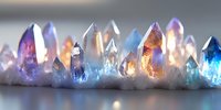 Colorful crystal collection with rainbow quartz points in purple blue orange hues for healing meditation spiritual energy work and gemstone therapy displays.