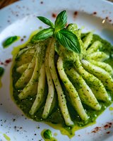Fresh penne pasta with vibrant green pesto sauce garnished with basil leaves on white plate, close up view of Italian cuisine with artistic presentation.