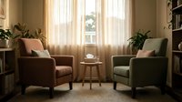 Cozy living room interior with two comfortable armchairs, small coffee table, houseplants and warm natural lighting through sheer curtains creating peaceful atmosphere.
