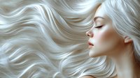 Profile of young woman with flowing platinum blonde hair against matching wavy background, showcasing luxurious haircare and beauty concept.