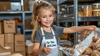 Young girl in apron smiling while working at bakery counter, holding bread package with storage shelves and boxes in background, showing family business atmosphere.