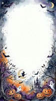 Halloween watercolor frame with pumpkins, bats, ghosts and castle creating spooky border for party invitations, greeting cards and seasonal decorations.