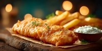 Golden battered fish and chips served on wooden board with tartar sauce and herbs, traditional British pub meal with crispy fries and creamy dip.