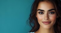 Young woman with natural makeup, dark wavy hair and radiant smile against turquoise background. Close-up portrait showcasing flawless skin and expressive eyes.